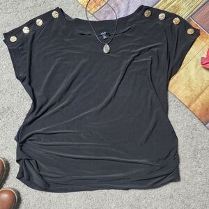 A.U.W. Button Shoulder Black Top Gold Buttons Size Large Unique Flowy Blouse L